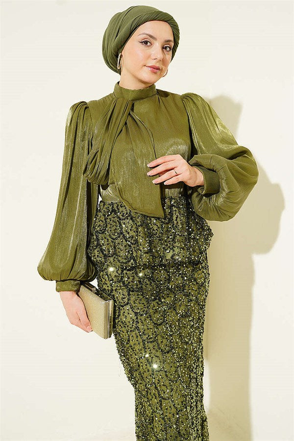 Sequined Skirt Evening Dress 2 Piece Set in Olive Green
