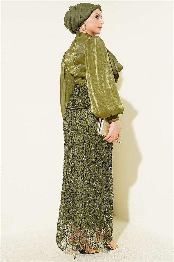 Sequined Skirt Evening Dress 2 Piece Set in Olive Green