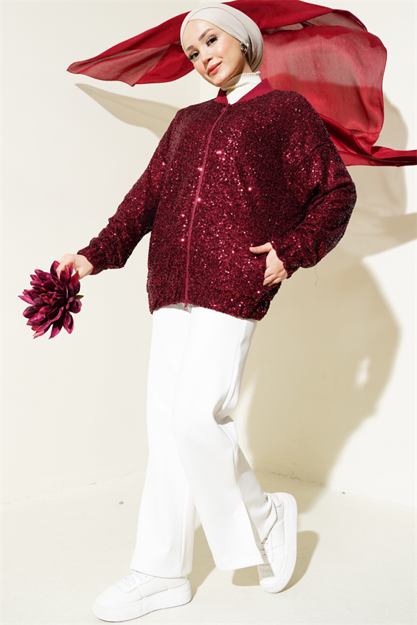 Sequin Zippered Jacket Burgundy