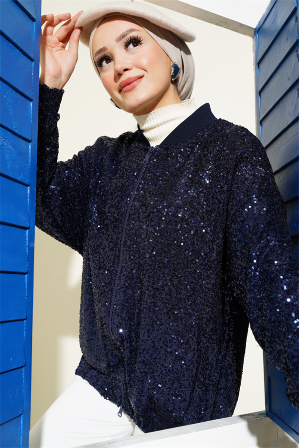 Sequin Zippered Jacket Navy Blue