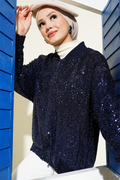 Sequin Zippered Jacket Navy Blue