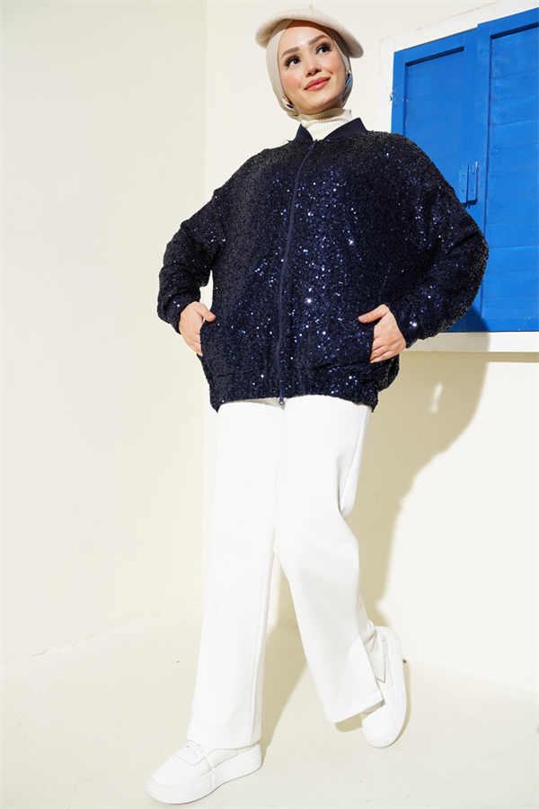 Sequin Zippered Jacket Navy Blue