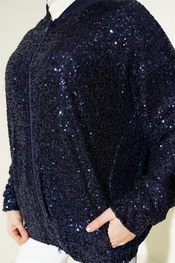 Sequin Zippered Jacket Navy Blue
