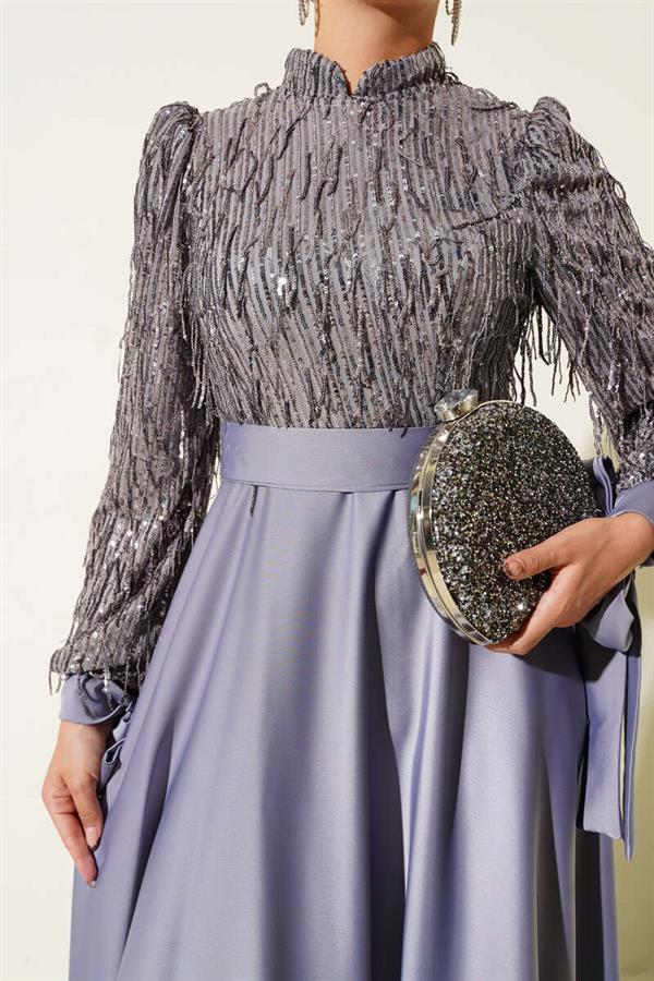 Sequined Tied Sleeve Evening Dress Gray