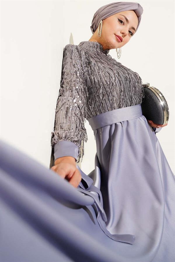 Sequined Tied Sleeve Evening Dress Gray