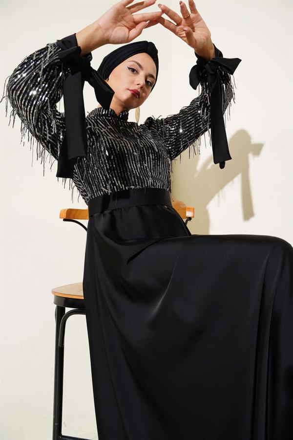 Sequined Tied Sleeve Evening Dress Black Silver