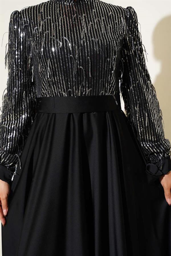 Sequined Tied Sleeve Evening Dress Black Silver