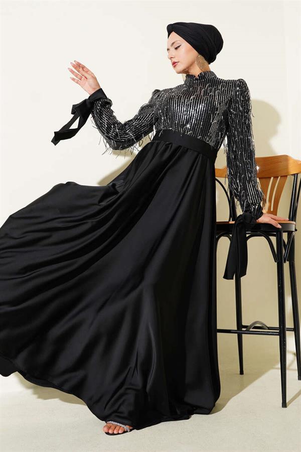 Sequined Tied Sleeve Evening Dress Black Silver