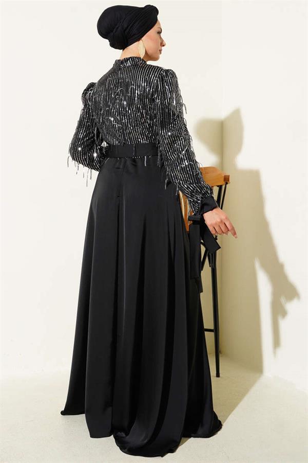 Sequined Tied Sleeve Evening Dress Black Silver