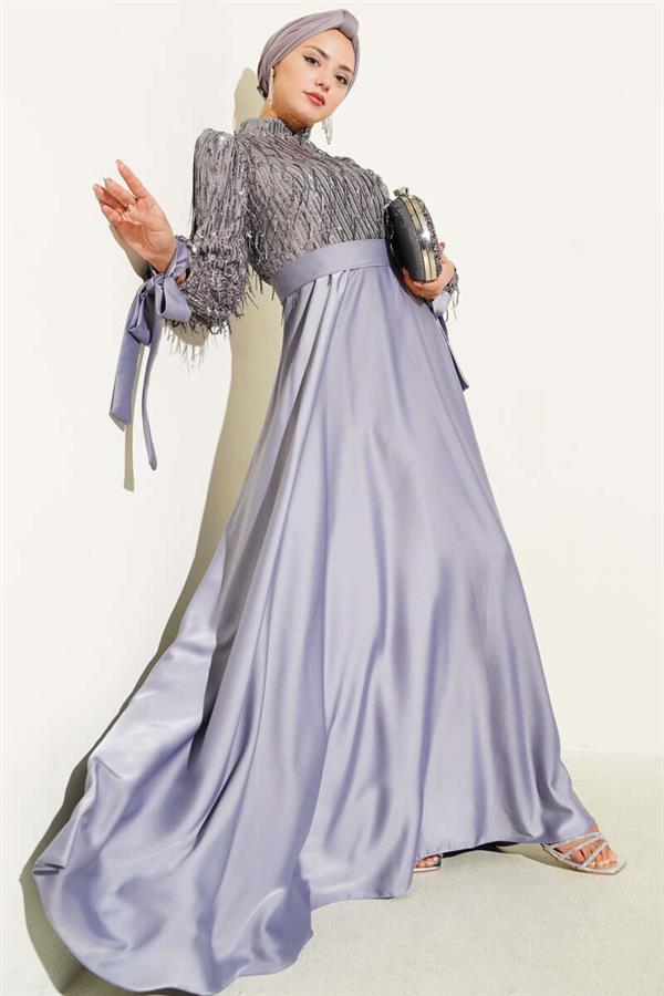 Sequined Tied Sleeve Evening Dress Gray