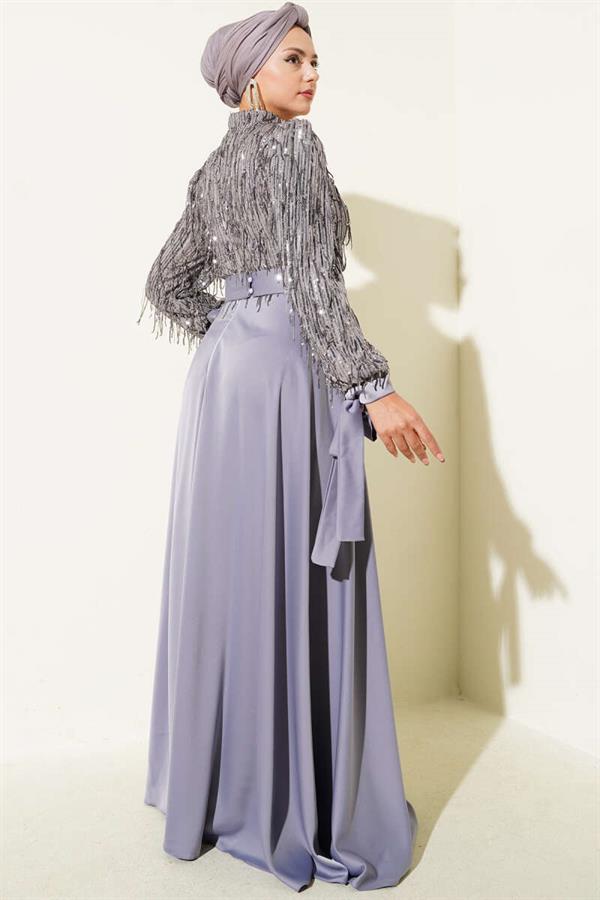 Sequined Tied Sleeve Evening Dress Gray