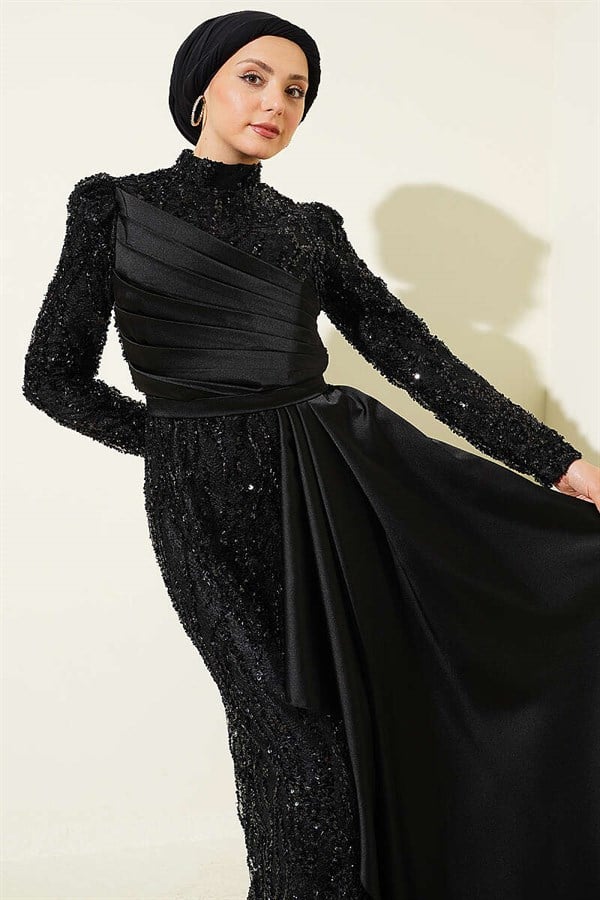 Black Draped Evening Dress with Sequin Embellishments
