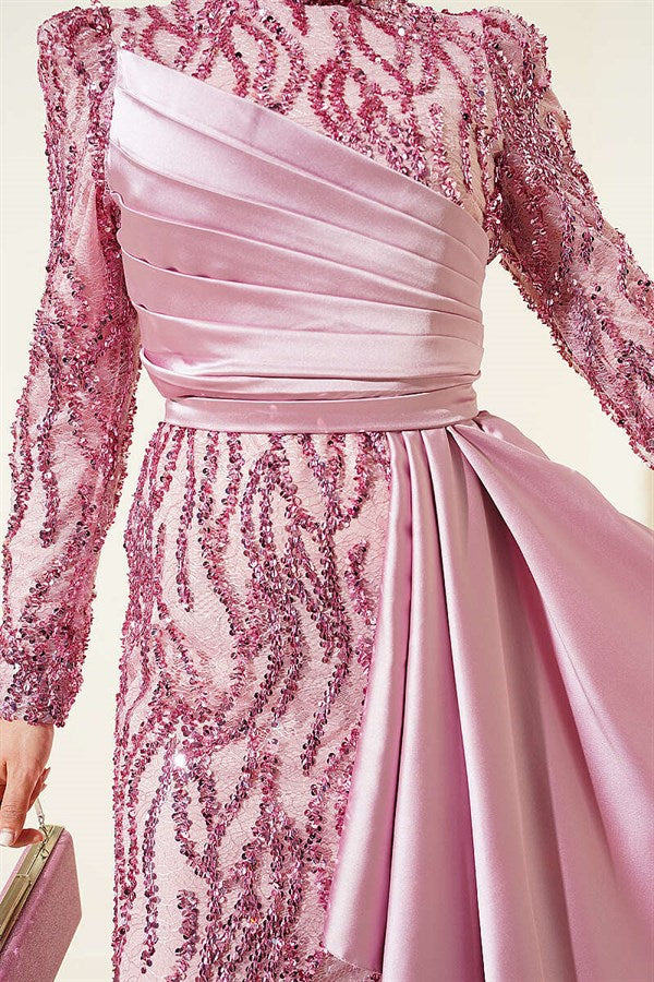 Sequined Draped Evening Dress in Powder Pink