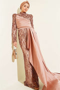 Latte Draped Evening Dress with Sequin Embellishments