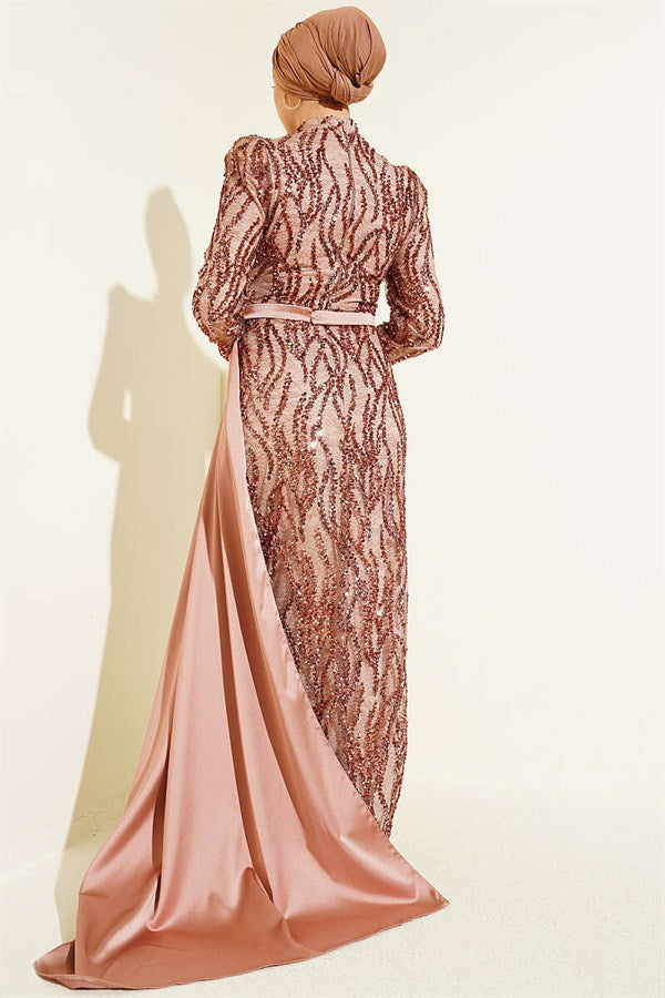 Latte Draped Evening Dress with Sequin Embellishments