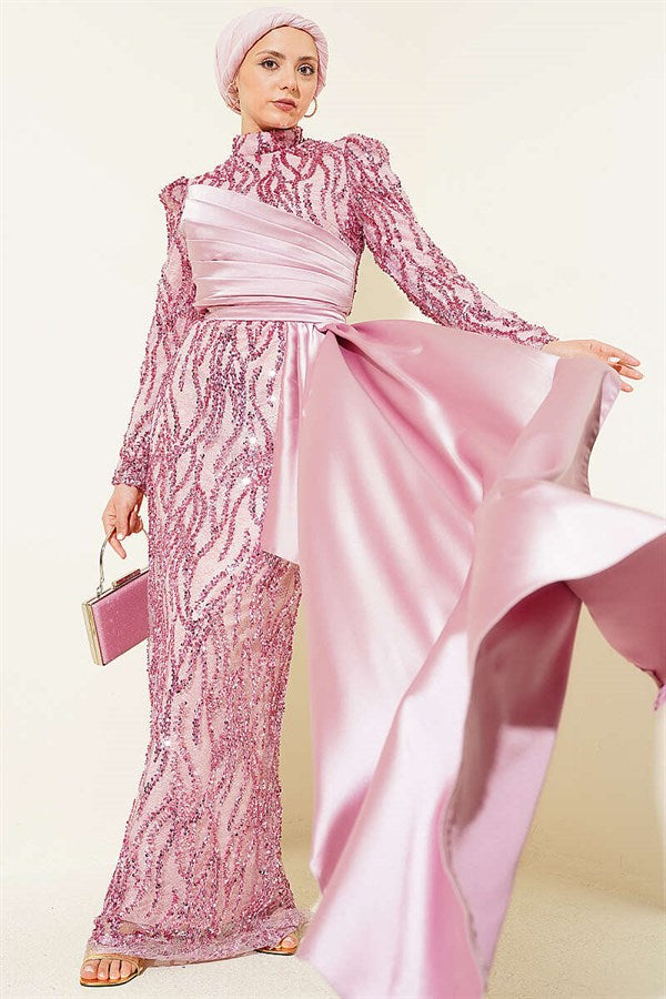 Sequined Draped Evening Dress in Powder Pink