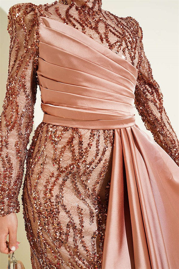 Latte Draped Evening Dress with Sequin Embellishments