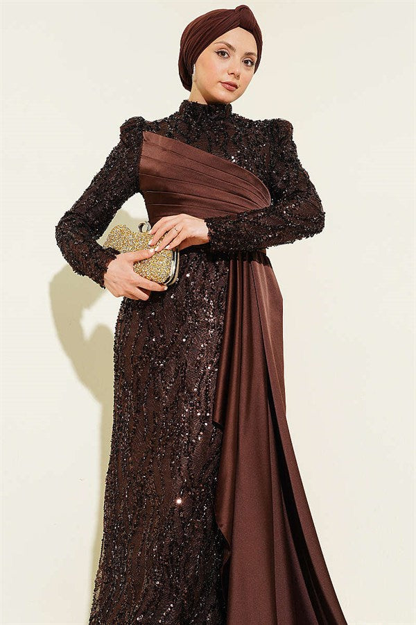 Sequined Draped Evening Dress in Brown