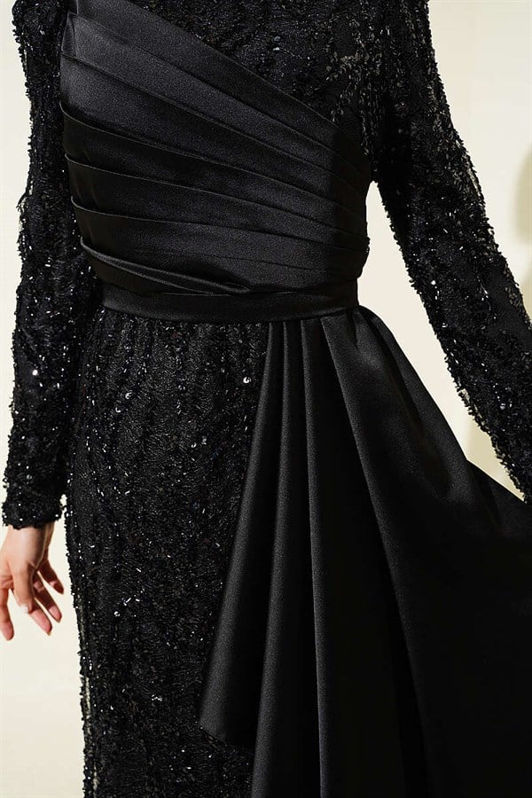 Black Draped Evening Dress with Sequin Embellishments