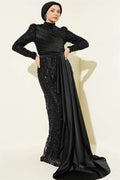 Black Draped Evening Dress with Sequin Embellishments