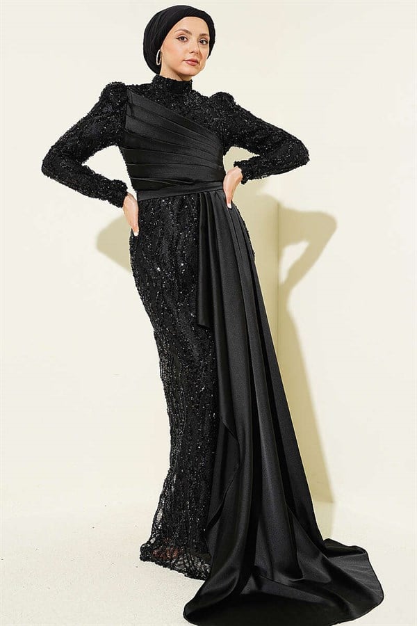 Black Draped Evening Dress with Sequin Embellishments