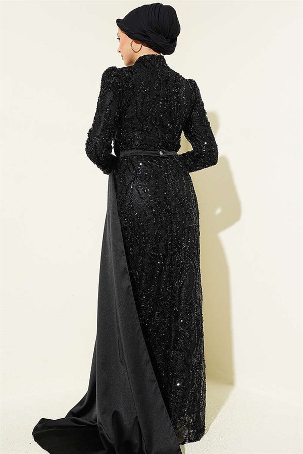 Black Draped Evening Dress with Sequin Embellishments