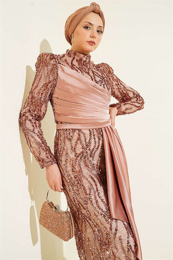 Latte Draped Evening Dress with Sequin Embellishments