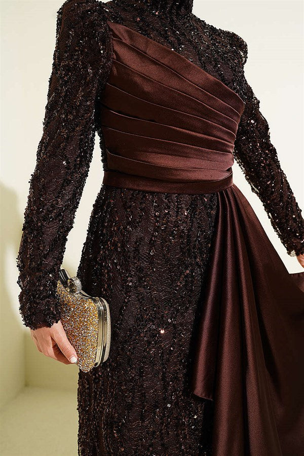 Sequined Draped Evening Dress in Brown