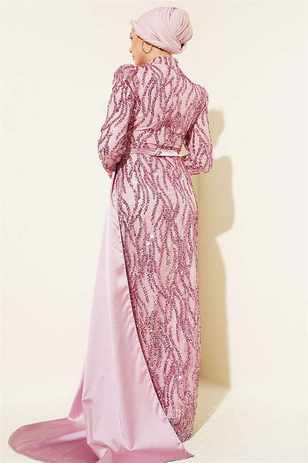 Sequined Draped Evening Dress in Powder Pink