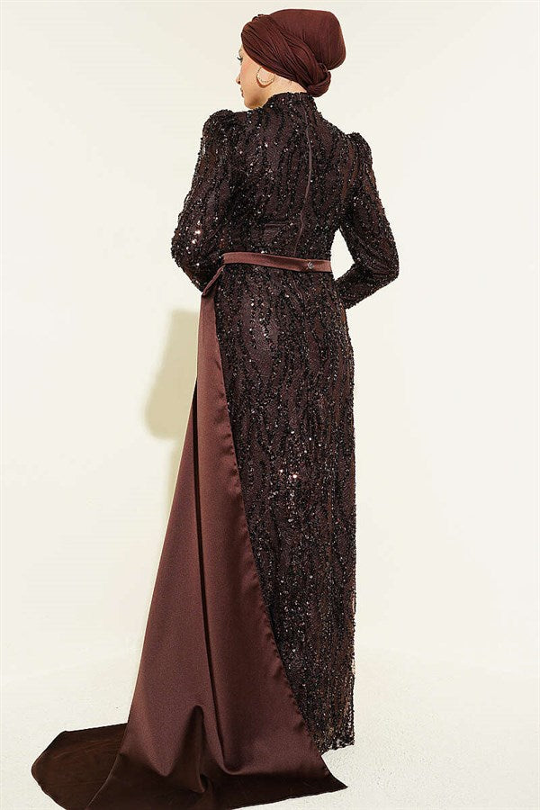 Sequined Draped Evening Dress in Brown