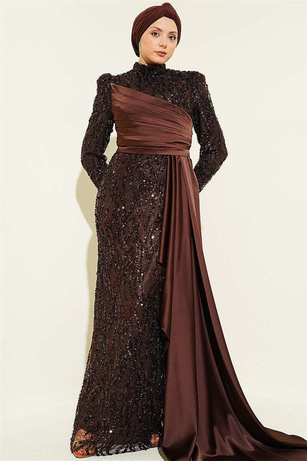 Sequined Draped Evening Dress in Brown