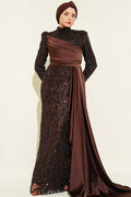 Sequined Draped Evening Dress in Brown