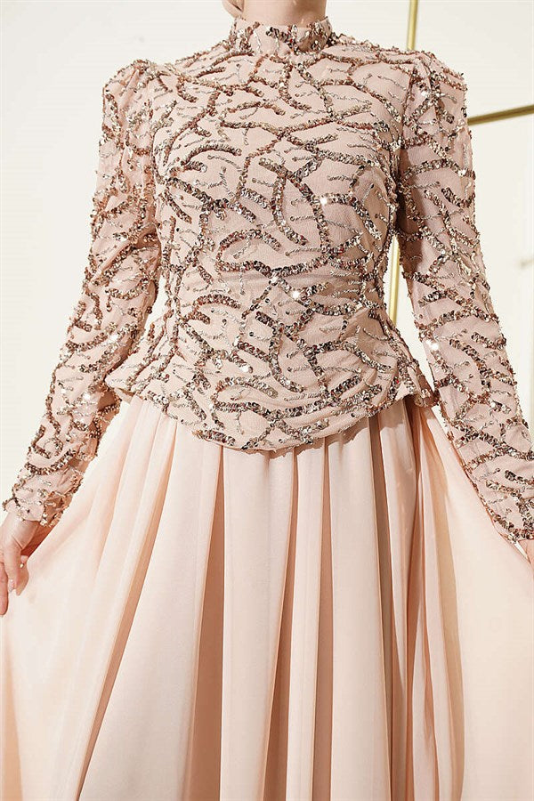 Beige Evening Dress with Sequins and Beads