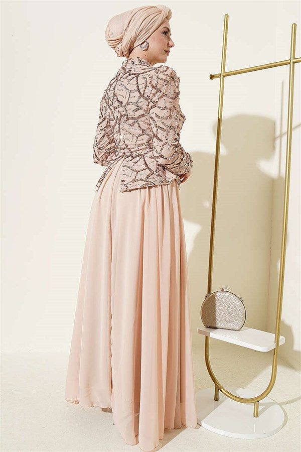 Beige Evening Dress with Sequins and Beads