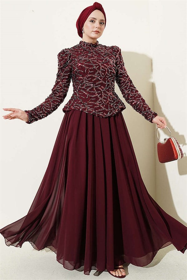 Burgundy Evening Dress with Sequins and Beads