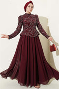 Burgundy Evening Dress with Sequins and Beads