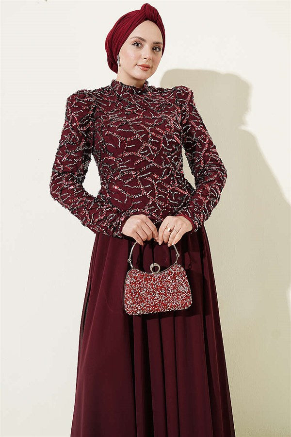 Burgundy Evening Dress with Sequins and Beads