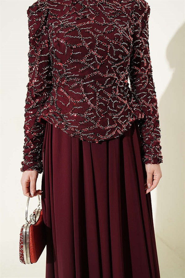 Burgundy Evening Dress with Sequins and Beads