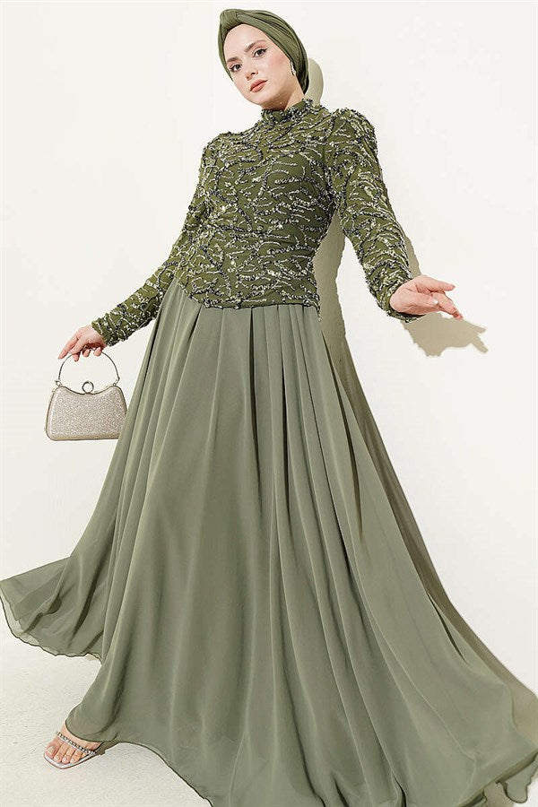 Khaki Evening Dress with Sequins and Beads