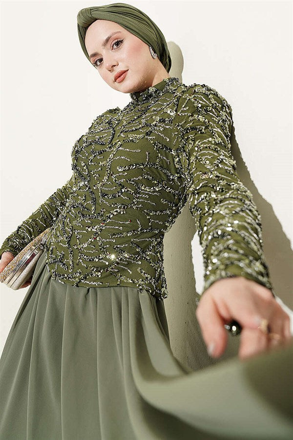 Khaki Evening Dress with Sequins and Beads