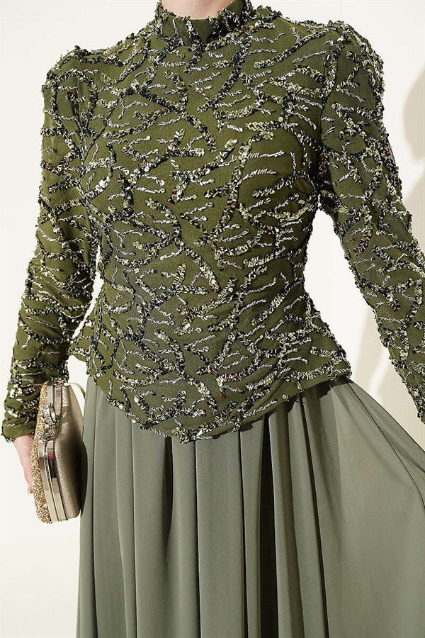 Khaki Evening Dress with Sequins and Beads