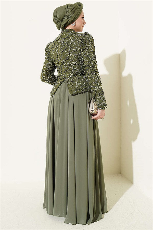 Khaki Evening Dress with Sequins and Beads