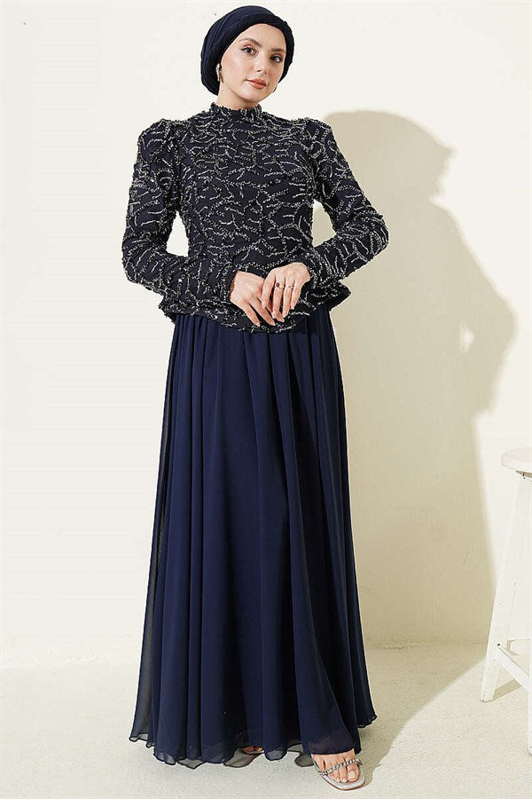 Navy Blue Evening Dress with Sequins and Beads