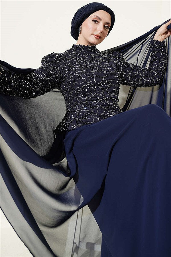Navy Blue Evening Dress with Sequins and Beads