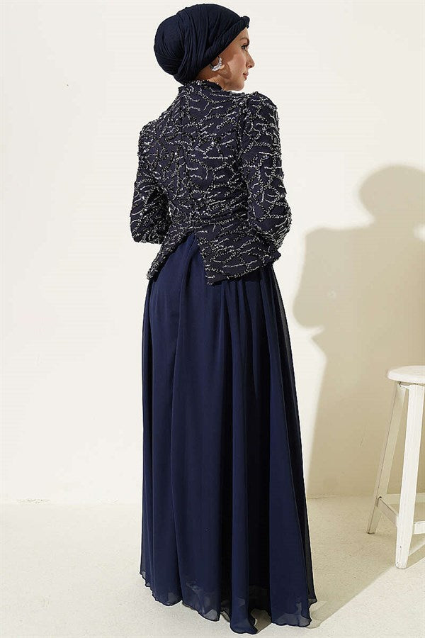 Navy Blue Evening Dress with Sequins and Beads