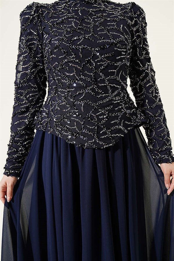 Navy Blue Evening Dress with Sequins and Beads