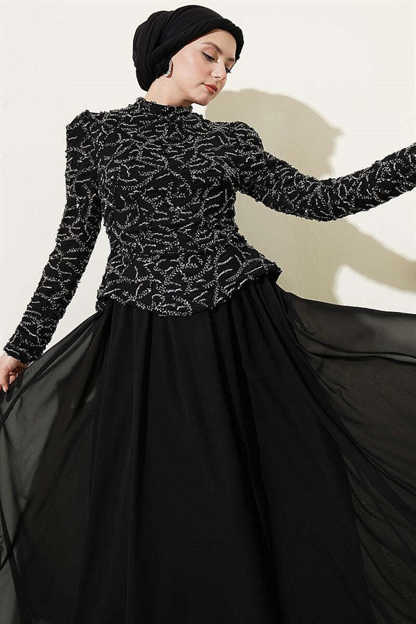 Black Evening Dress with Sequins and Beads