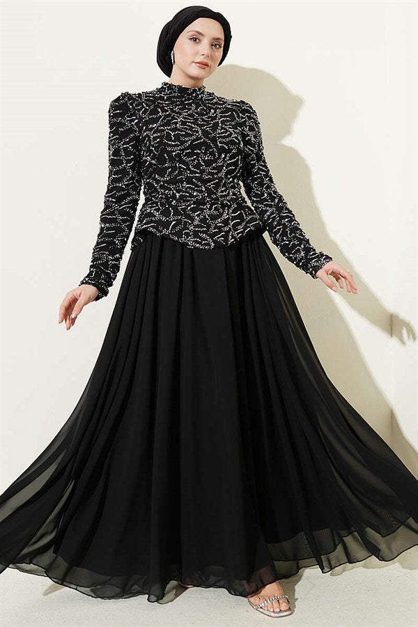 Black Evening Dress with Sequins and Beads