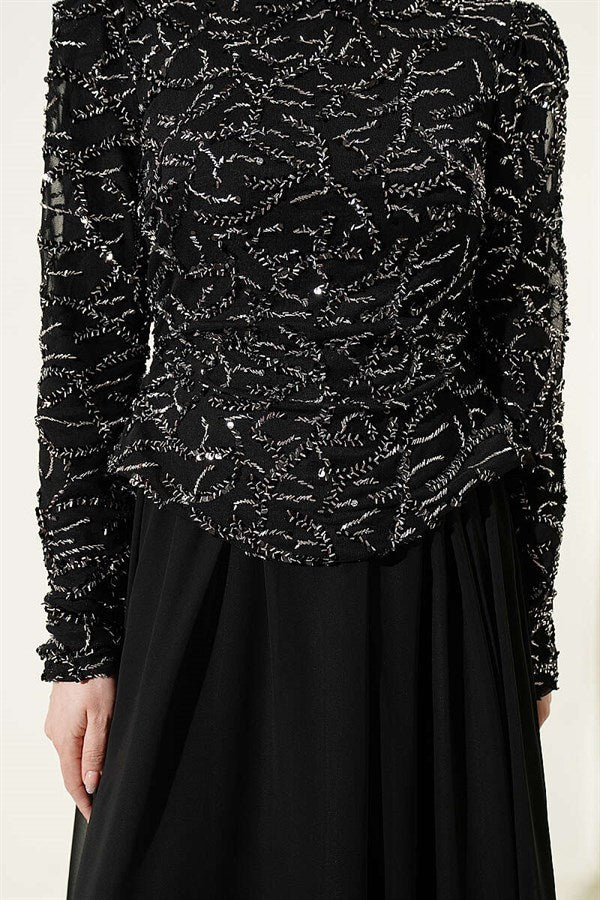 Black Evening Dress with Sequins and Beads