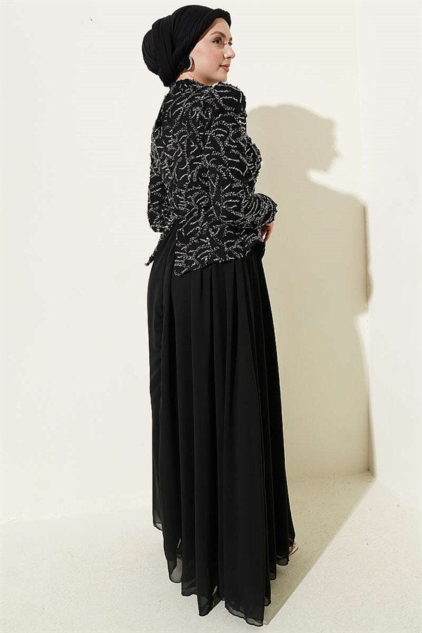 Black Evening Dress with Sequins and Beads